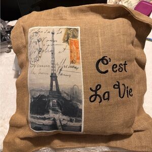 C'est La Vie Eiffel Tower Burlap Pillow